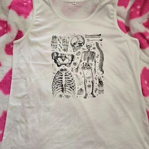 White Tank Top with Black Anatomical Skeleton Print